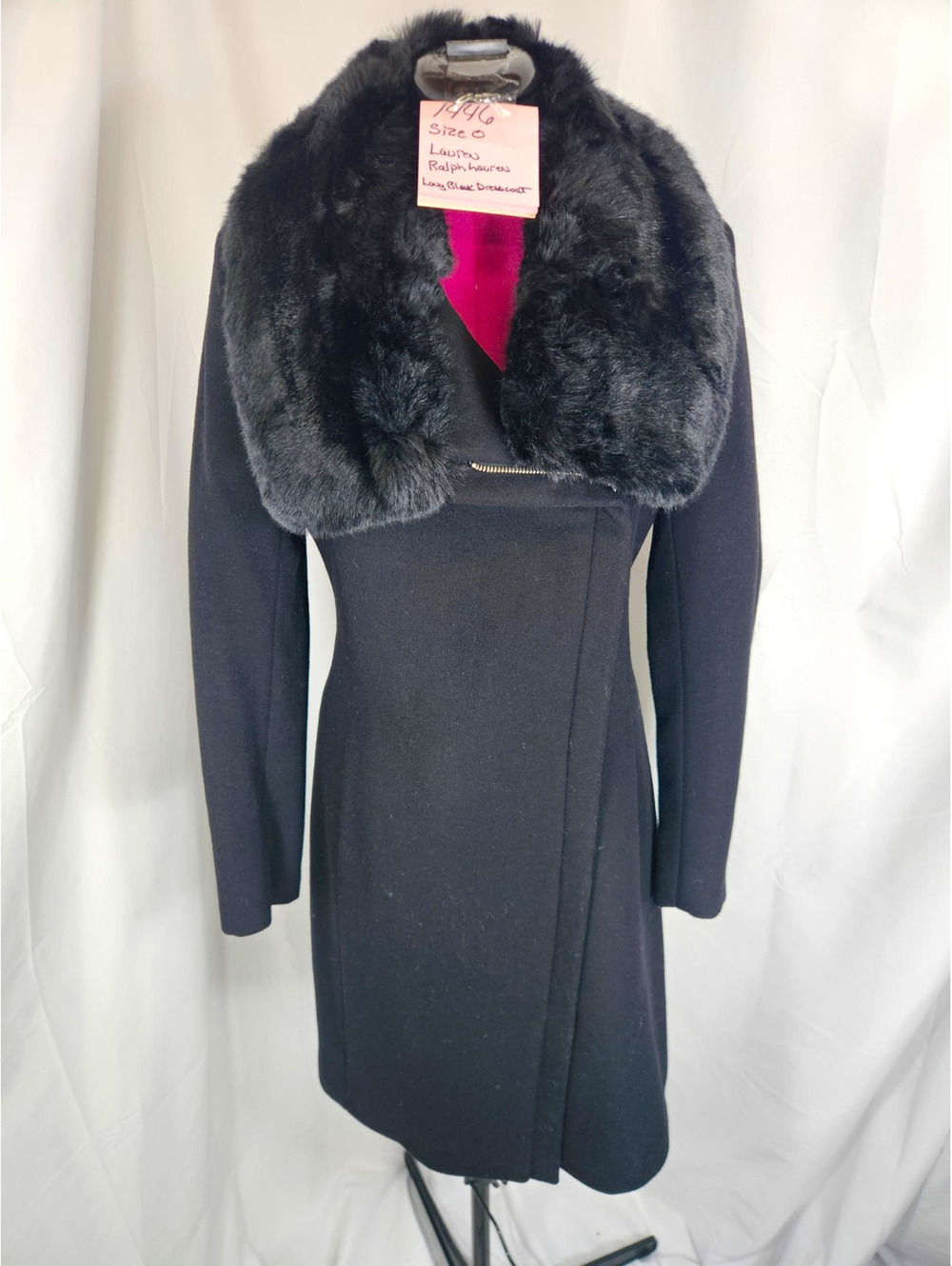 Lauren Ralph Lauren Black Asymmetric Zip Wool-Blend Coat with Faux Fur Collar